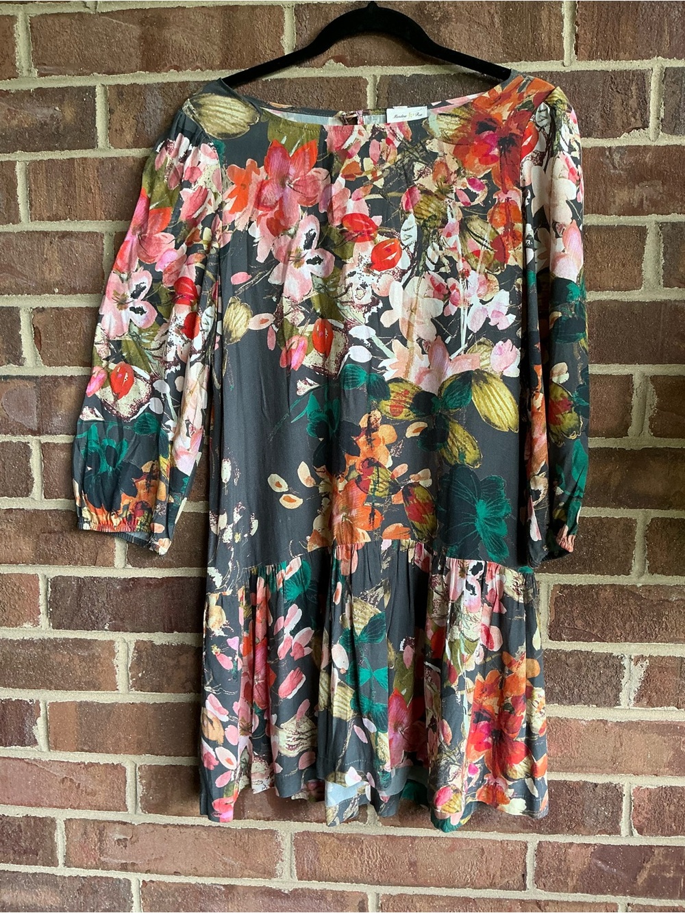 Meadow Rue Floral Tiered Dress in Charcoal, Pink and Green